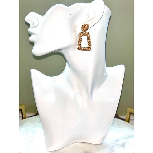 Gold Plated Textured Geometric Dangle Pierced Earrings - Picture 1 of 5